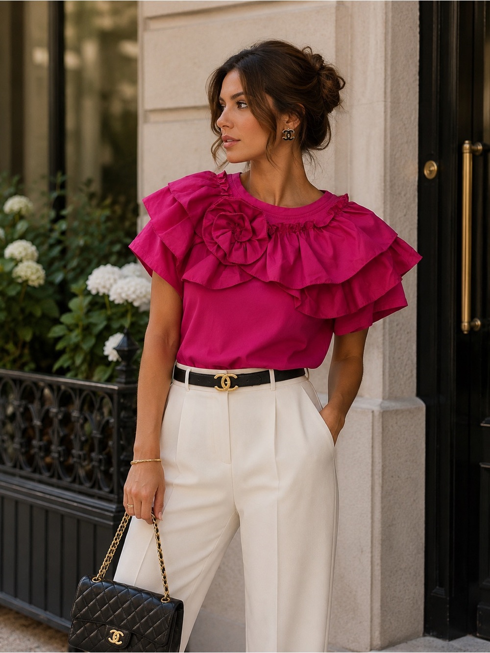 CHANEL Hot Pink Ruffled Floral Accent Blouse